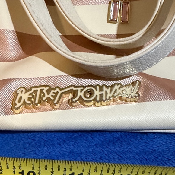 Betsey Johnson Rose Gold and White Striped Shoulder Tote with Charm - Picture 3 of 11